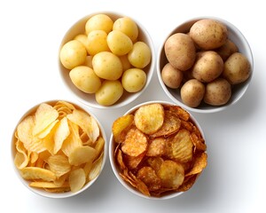 A selection of raw potatoes and potato chips displayed in four small white bowls on a white background captured with a high angle view.