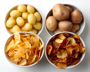 Four bowls display small yellow potatoes, large brown potatoes, golden chips, and darker fried chips on a clean white background close up.