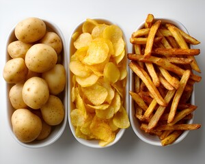 Three oval bowls showcase raw potatoes, golden potato chips, and appetizing french fries ready to be enjoyed as a tasty snack or side.