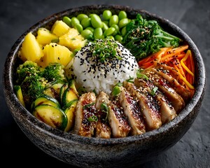 Delicious poke bowl with grilled chicken, rice, edamame, pine, and fresh vegetables served in a rustic ceramic bowl on a dark surface.