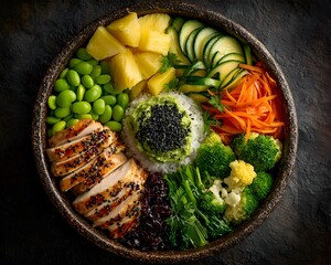 A colorful and appetizing buddha bowl features grilled chicken, fresh vegetables, rice, and assorted toppings, perfect for a healthy meal option.