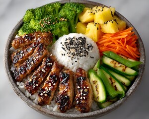 A nutritious bowl of rice with grilled pork, broccoli, pine, carrots, zucchini, and sprinkled sesame seeds creates a colorful and tasty meal.