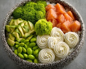 A vibrant poke bowl showcases fresh salmon, avocado, edamame, and cream cheese over rice, a healthy and colorful meal option presented beautifully.
