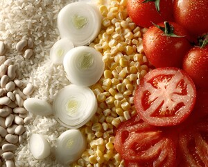 An assortment of fresh organic vegetables and grains including beans, rice, onions, corn, and ripe tomatoes displayed together beautifully.