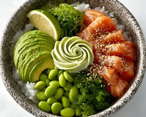 A delicious and colorful poke bowl with fresh salmon, avocado, edamame, rice, seaweed salad, and lime arranged beautifully in ceramic bowl.