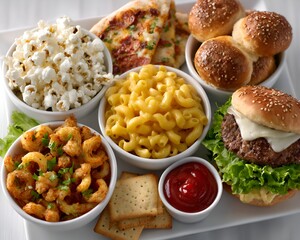 An appetizing display of various comfort foods including burger, pizza, macaroni, popcorn, and rolls arranged on a white serving platter.