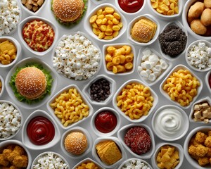 An aerial view shows a diverse selection of comfort foods displayed in small white bowls against a bright neutral background for a party.