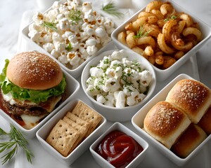 An appetizing assortment of snack foods including burger, fries, popcorn, rolls, and crackers beautifully arranged in white bowls on tabletop.
