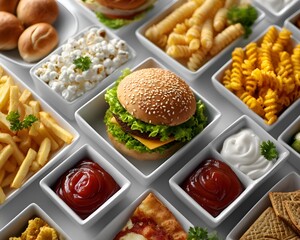 A variety of fast food items including a hamburger, fries, pizza, and popcorn are displayed in white square bowls on a white background.