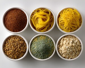 Assortment of six different types of whole grains and pastas displayed in simple white ceramic bowls on a white surface background.