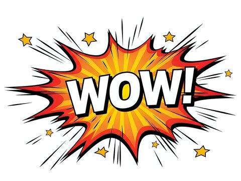 Comic book explosion burst with WOW text in bold letters surrounded by dynamic action lines and stars on white background for graphic design projects. - Powered by Adobe