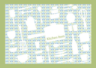 白いシルエットのキッチンアイテムとキッチンマットのパターン