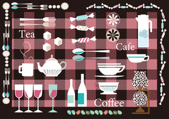 紅茶とコーヒー　飲み物  カフェのイメージ素材  ギンガムチェックのパターン