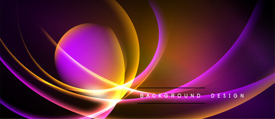 Abstract vibrant design features flowing curves, purple, orange hues. Dynamic light creates modern visual impact. Background text reads background design.