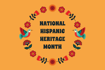 National Hispanic Heritage Day. Vector banner with flowers, birds, and text.
