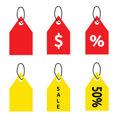 Illustration of a collection of red and yellow discount label icons for stickers, online shopping websites, templates, shopping, special offers, discounts, Black Friday, prices, finance, business.