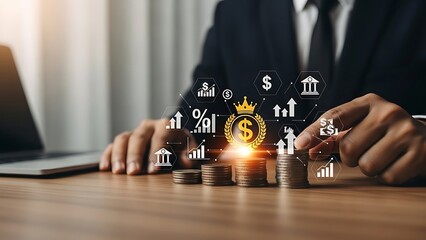 Businessman with coins and financial on table financial table laptop