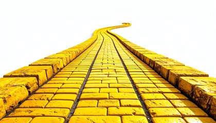 Curved yellow brick road path, perspective view, symbolizing adventure, direction, optimism, and new beginnings on a bright and creative journey.