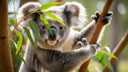 Fototapeta premium Playful Koala Clings To Tree Branch Among Green Leaves In Sunshine