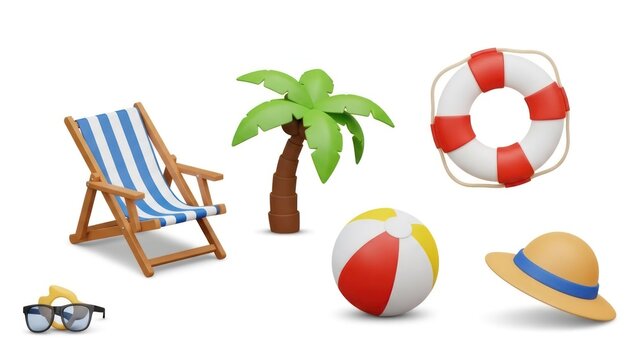 Beach scene chair, tree, life preserver, ball, hat, sunglasses