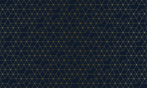 Elegant geometric gold pattern with hexagonal and triangular lines and dots on dark background