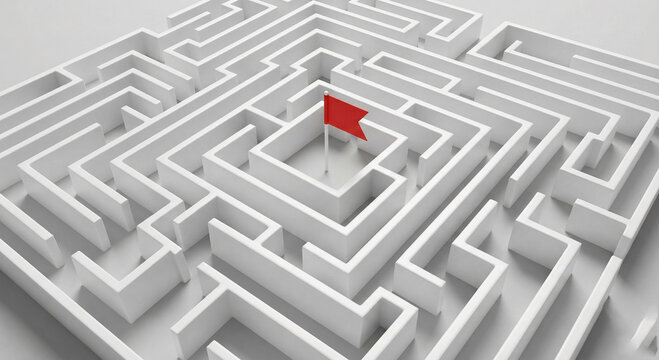 Red flag at the center of complex white maze