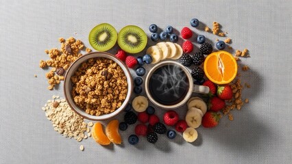 A vibrant and healthy breakfast spread featuring granola, fresh fruits, and steaming hot coffee.