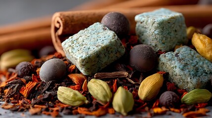 Artisanal chocolate truffles and matcha green tea confections with pistachios, cardamom pods and cinnamon sticks on rustic wooden surface for gourmet dessert concepts.