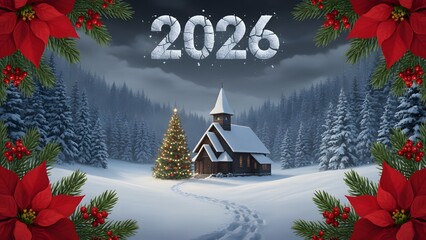 Snowy church with Christmas tree and 2026 text in winter landscape