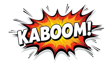 Comic book explosion burst with KABOOM text in bold letters featuring red orange yellow gradient colors and dynamic action lines on white background.