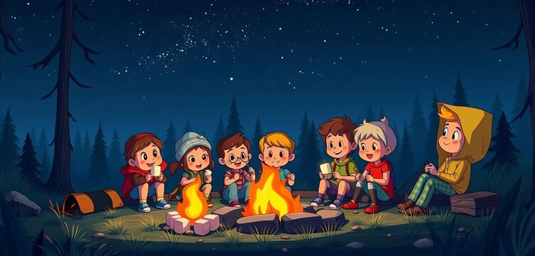 Cartoon children gather by a nighttime campfire with marshmallows, sharing tales under a starry sky at a forest campsite ,  activity,  imagination