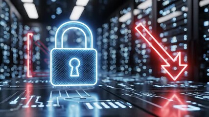 A compelling digital visualization of cybersecurity risks and data protection challenges featuring a glowing blue padlock icon and a red downward trending arrow symbolizing potential financial losses. - Powered by Adobe