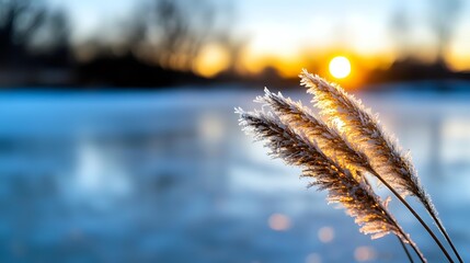 Golden pampas grass plumes swaying in warm sunset light over tranquil lake water. Natural autumn scenery for peaceful outdoor lifestyle content.