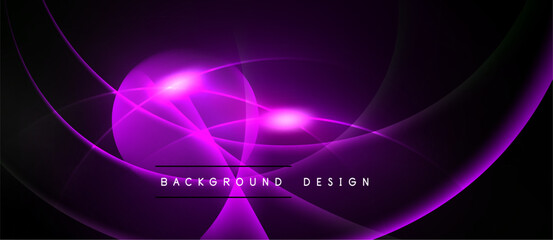 Abstract purple design features flowing curves, bright light streaks. Modern background with dynamic energy, elegant presentation.