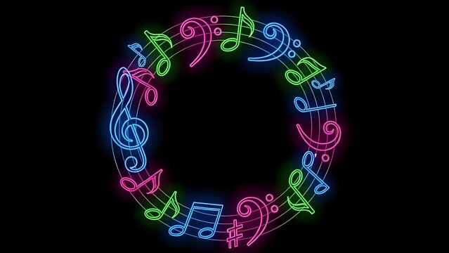 Colorful neon music notes arranged in circular frame on black background for entertainment and musical design projects.