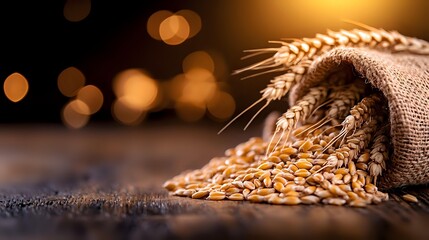 Wheat grains spilling from burlap sack with golden bokeh lights creating warm harvest atmosphere for bakery and agriculture concepts.