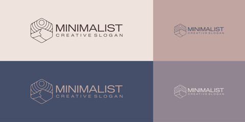 Logo Template Minimalist Symbol Nature Line Mountain Desert Sun in Hexagon Shape Modern Premium vector design