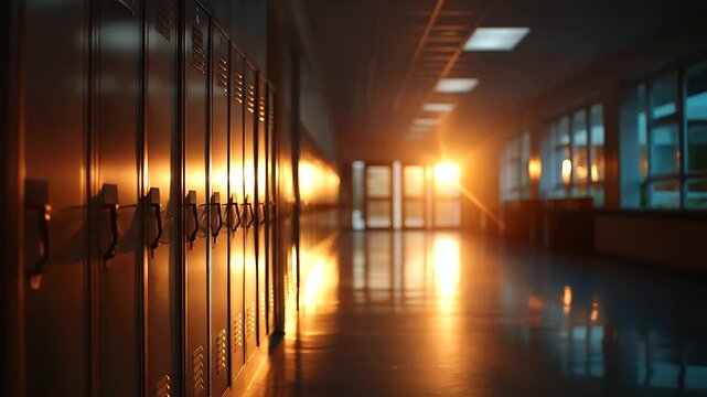 Dimly lit school hallway with rows of lockers and bright door at end, reflections on glossy floor, educational facility corridor, institutional architecture, defocused perspective,