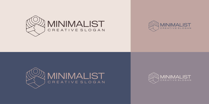 Logo Template Minimalist Symbol Nature Line Mountain Desert Sun in Hexagon Shape Modern Premium vector design