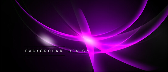 Naklejka premium Dark purple abstract background. Bright glowing lines radiate from central point, creating dynamic visual effect. Modern design element.