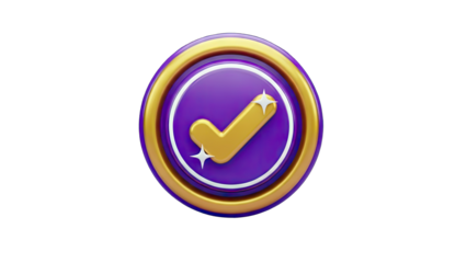 3D Checkmark Icon on Purple Circle with Gold Border