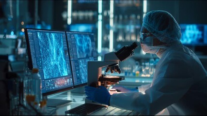 Female microbiologist studies sample under microscope in modern lab, focused mood
- Powered by Adobe