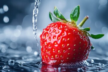A vibrant strawberry with a green stem and leaves, sitting in a pool of water, surrounded by a blurred background of bokeh lights.