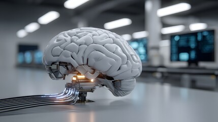 Artificial brain connected to a digital interface symbolizing artificial intelligence, neural computing, and advanced technology research