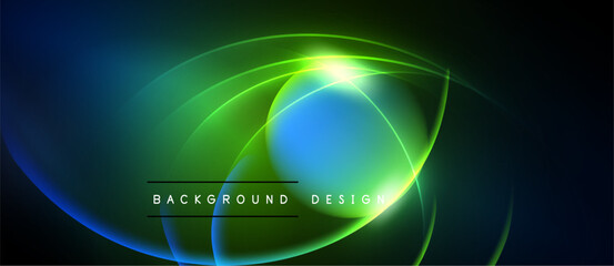 Abstract design features glowing circles, vibrant blue, green hues. Dark background emphasizes bright light effects, modern aesthetic.
