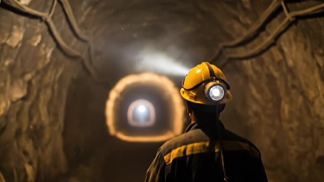 Male Miner in Underground Tunnel with Headlamp Illuminating Dark Pathway