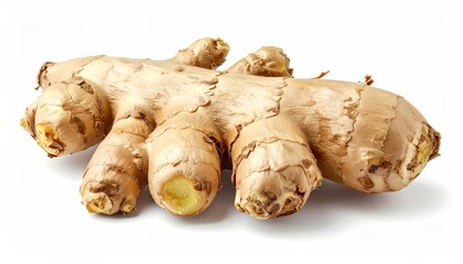 Fototapeta premium Fresh Ginger Root Rhizome Isolated on White Background, Close-Up Detail