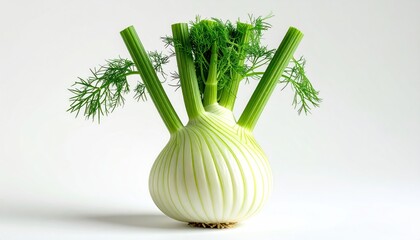 Fresh Fennel Bulb with Green Stalks, Isolated on White Background.
