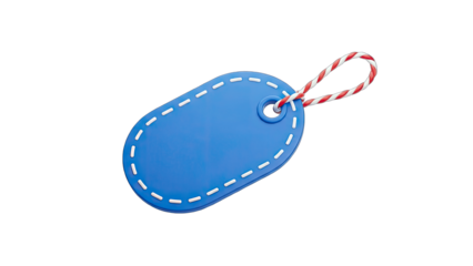 Blue Price Tag with Red and White String on White Background
