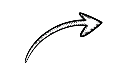 A white hand-drawn doodle arrow graphic curving upwards and pointing right
